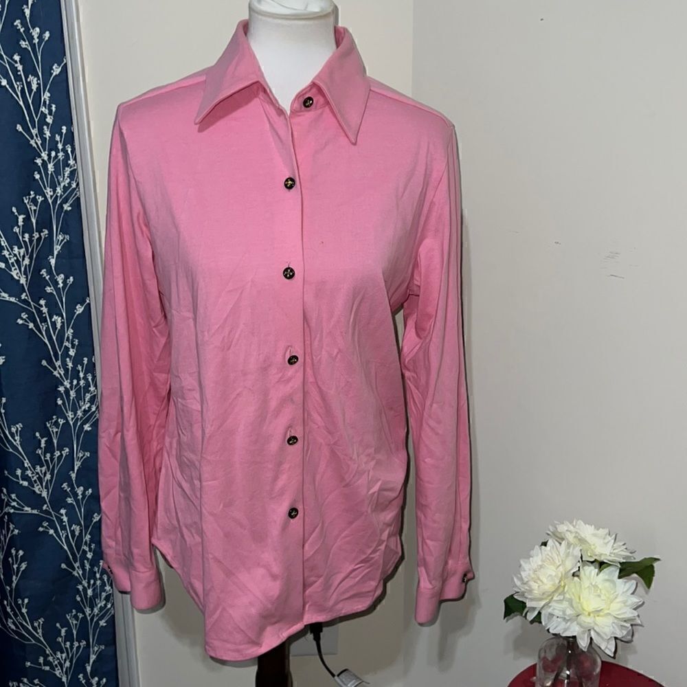 Skirtin’ Around Pink Long Sleeve Button Up Blouse Shirt sz 10 Cotton